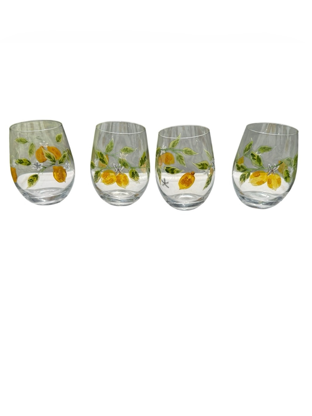 Pier 1 Hand Painted Lemon Stemless Wine Glasses Set 4 Citrus Floral Cottagecore